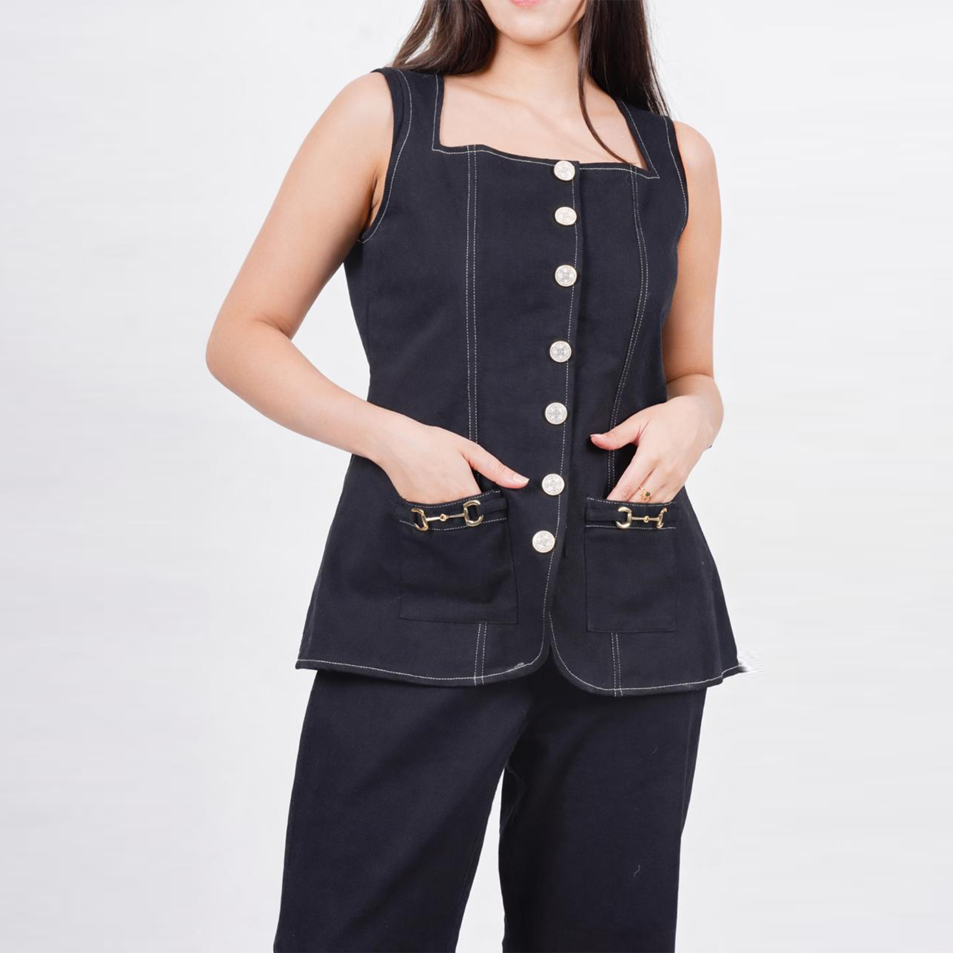 Ariya Threads Women’s Black Denim Sleeveless Vest Co-ord Set with Flared Pants