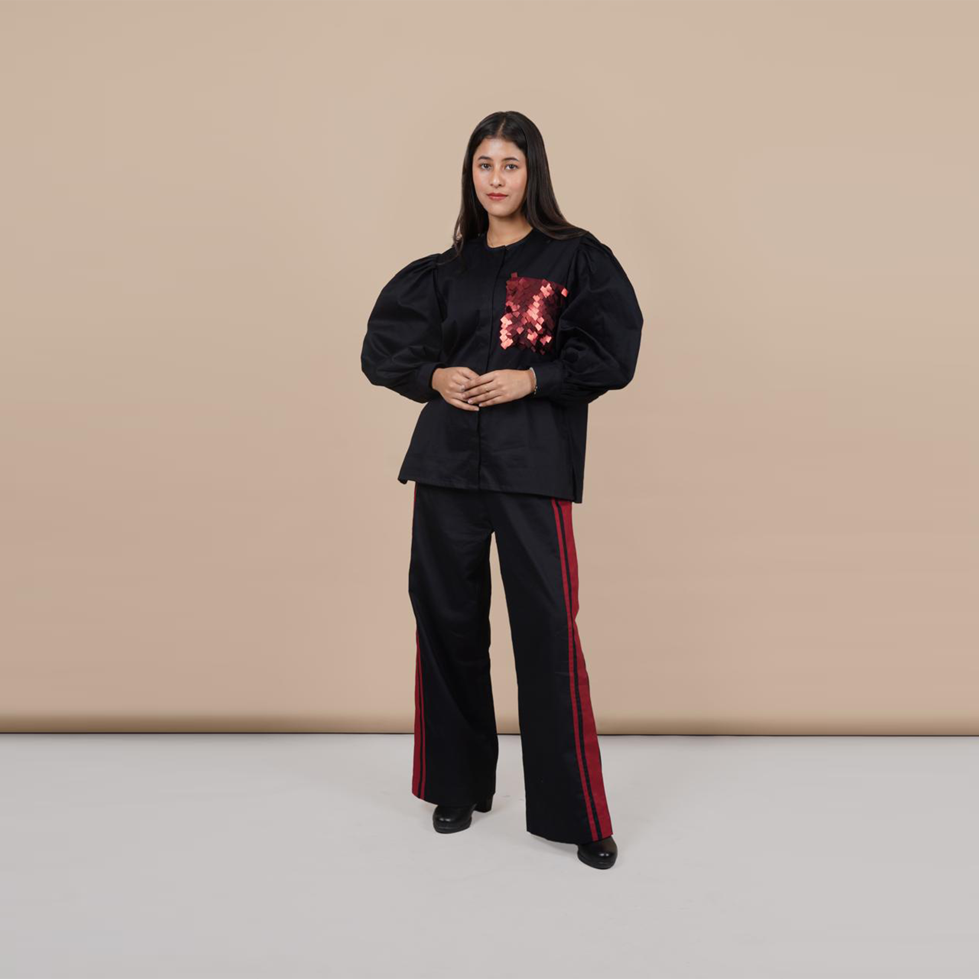 Ariya Threads Women’s Black Co-Ord Set with Red Sequin Pocket & Contrast Stripe Pants