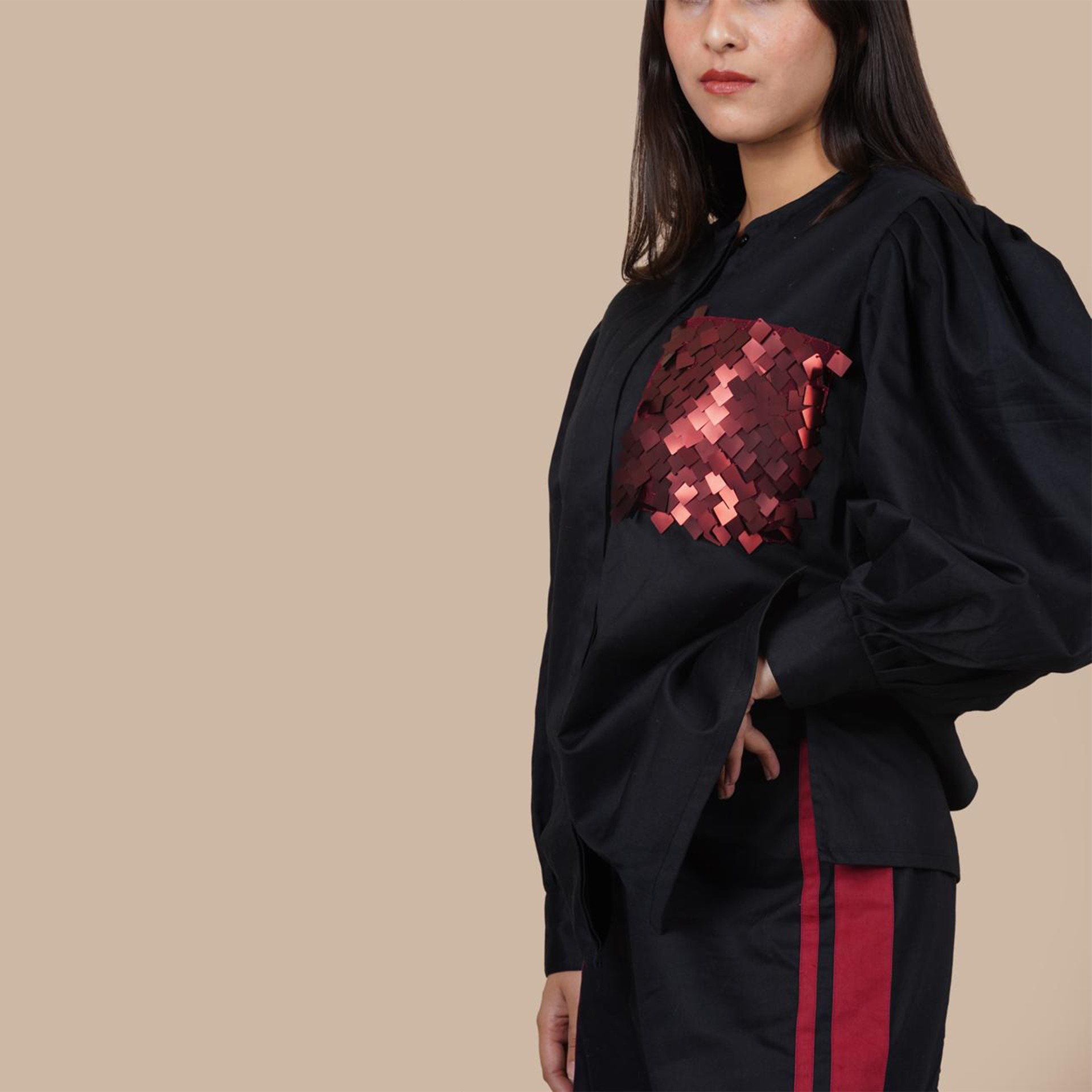 Ariya Threads Women’s Black Co-Ord Set with Red Sequin Pocket & Contrast Stripe Pants