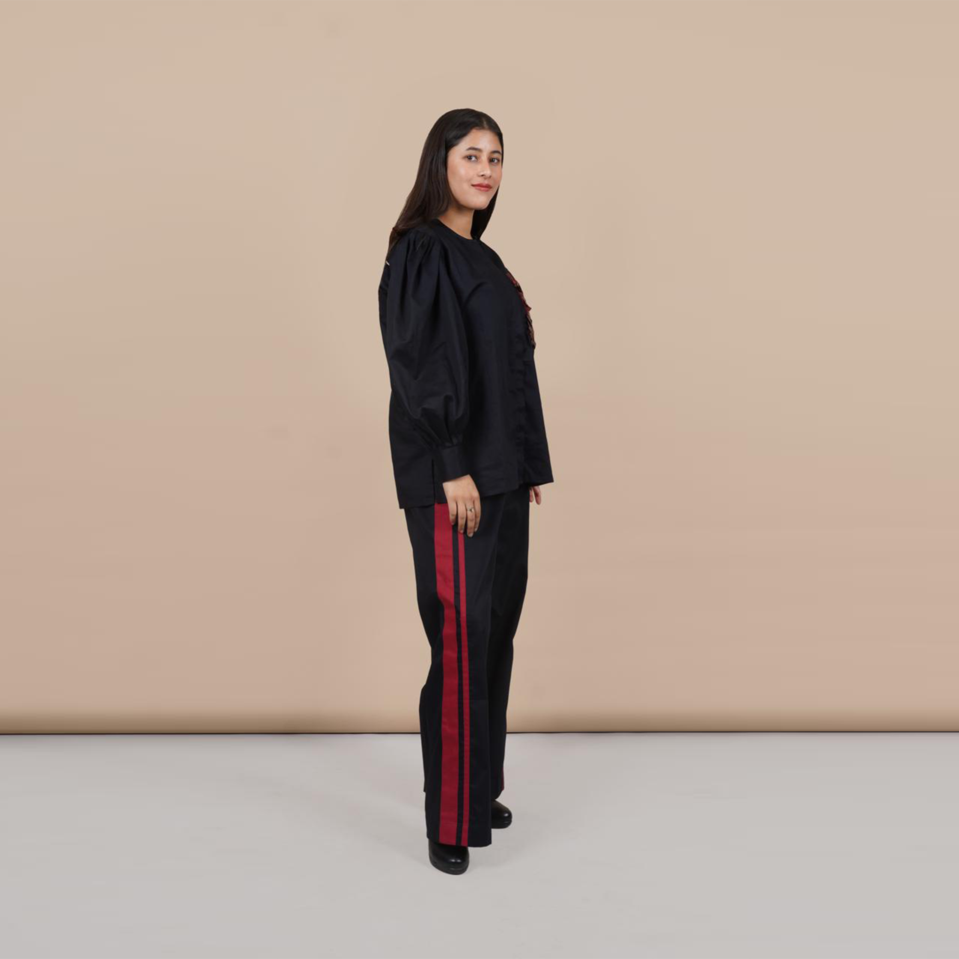 Ariya Threads Women’s Black Co-Ord Set with Red Sequin Pocket & Contrast Stripe Pants