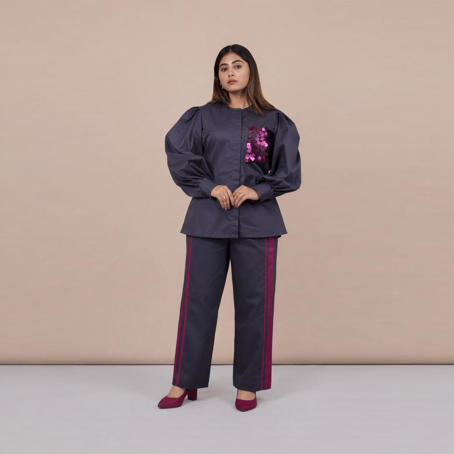 Ariya Threads Women’s Charcoal Grey Co-Ord Set with Magenta Sequin Pocket & Contrast Stripe Pants