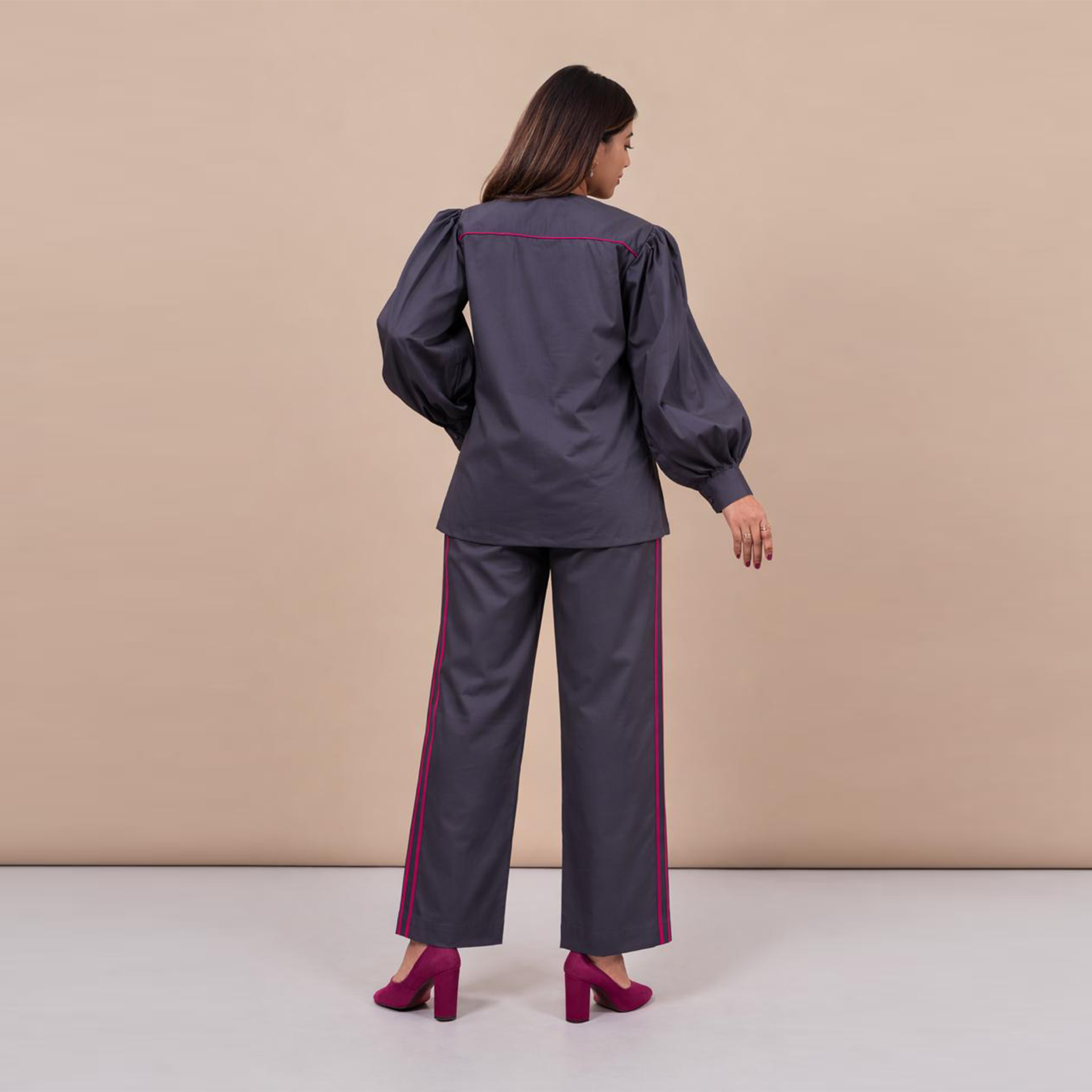 Ariya Threads Women’s Charcoal Grey Co-Ord Set with Magenta Sequin Pocket & Contrast Stripe Pants