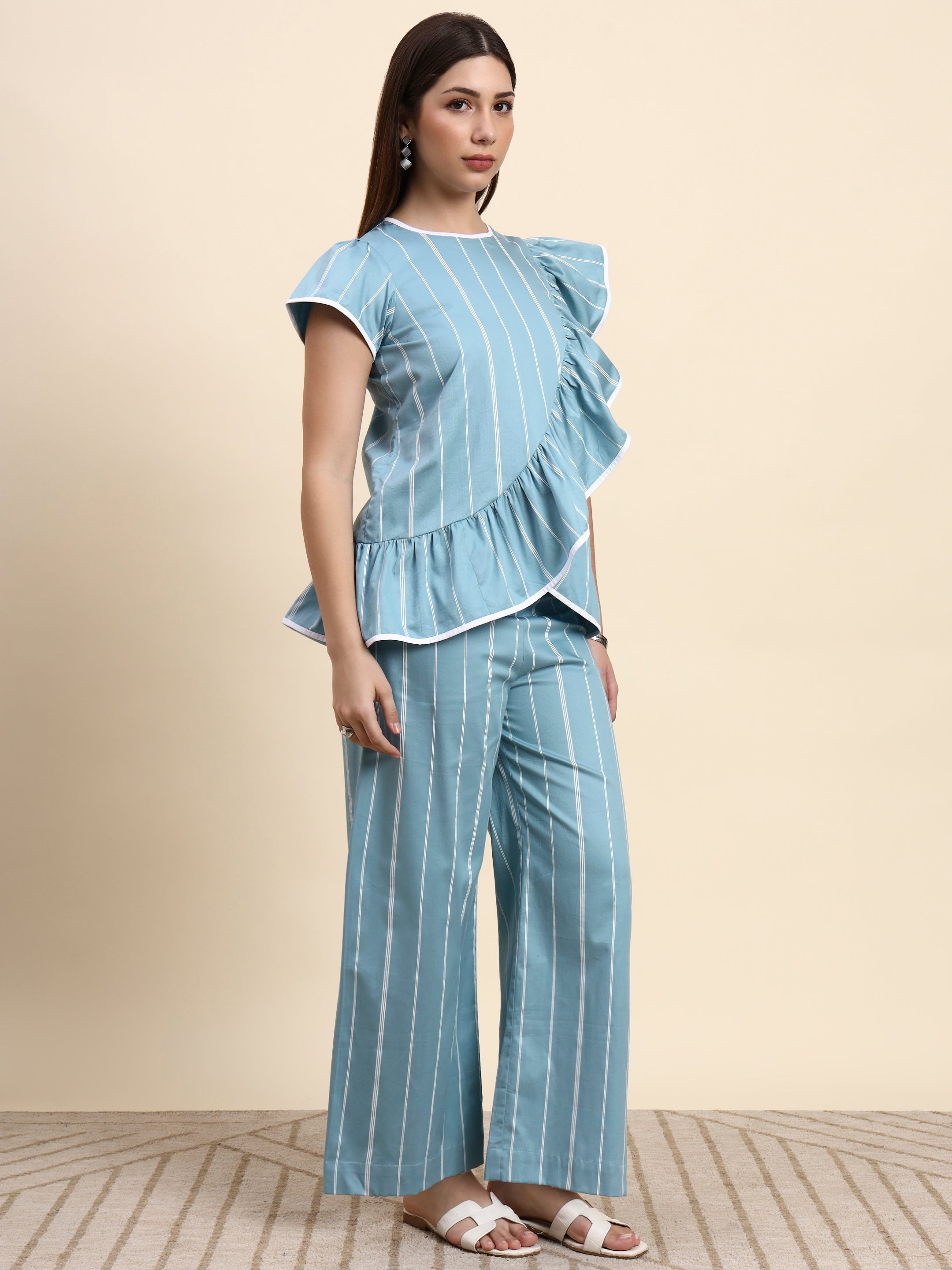 Striped Ruffle Co-ord Set (Powder Blue)