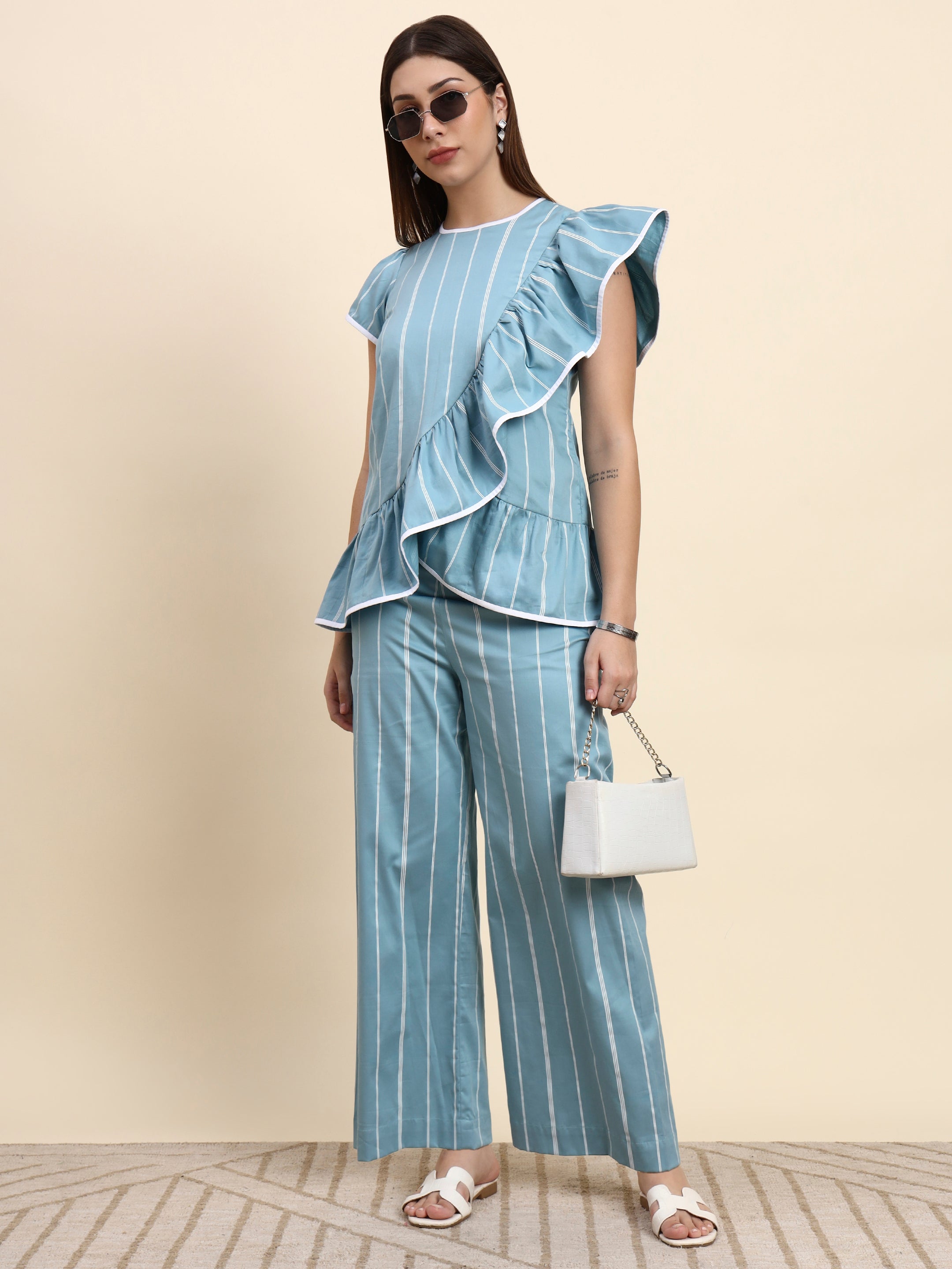 Striped Ruffle Co-ord Set (Powder Blue)