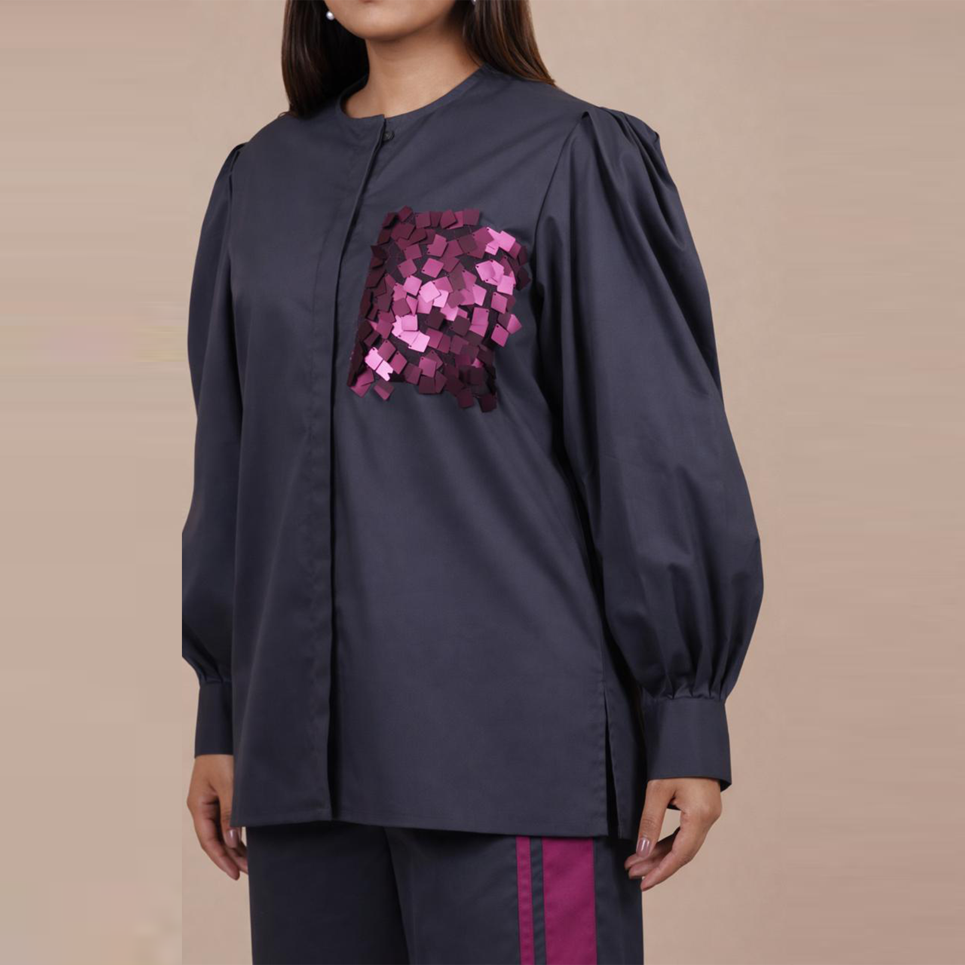 Ariya Threads Women’s Charcoal Grey Co-Ord Set with Magenta Sequin Pocket & Contrast Stripe Pants