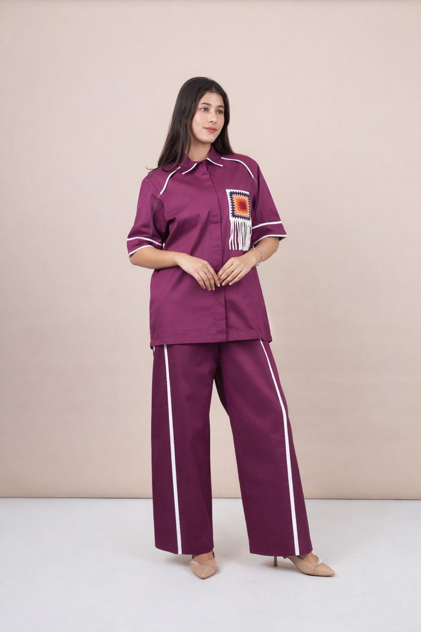 Ariya Threads Women’s Statement Co-Ord Set with Handcrafted Crochet Patch – Wine