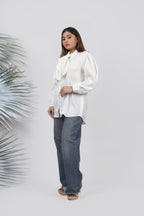 Ariya Threads Ivory Luxe Bow-Tie Satin Shirt – Elegant Party Wear