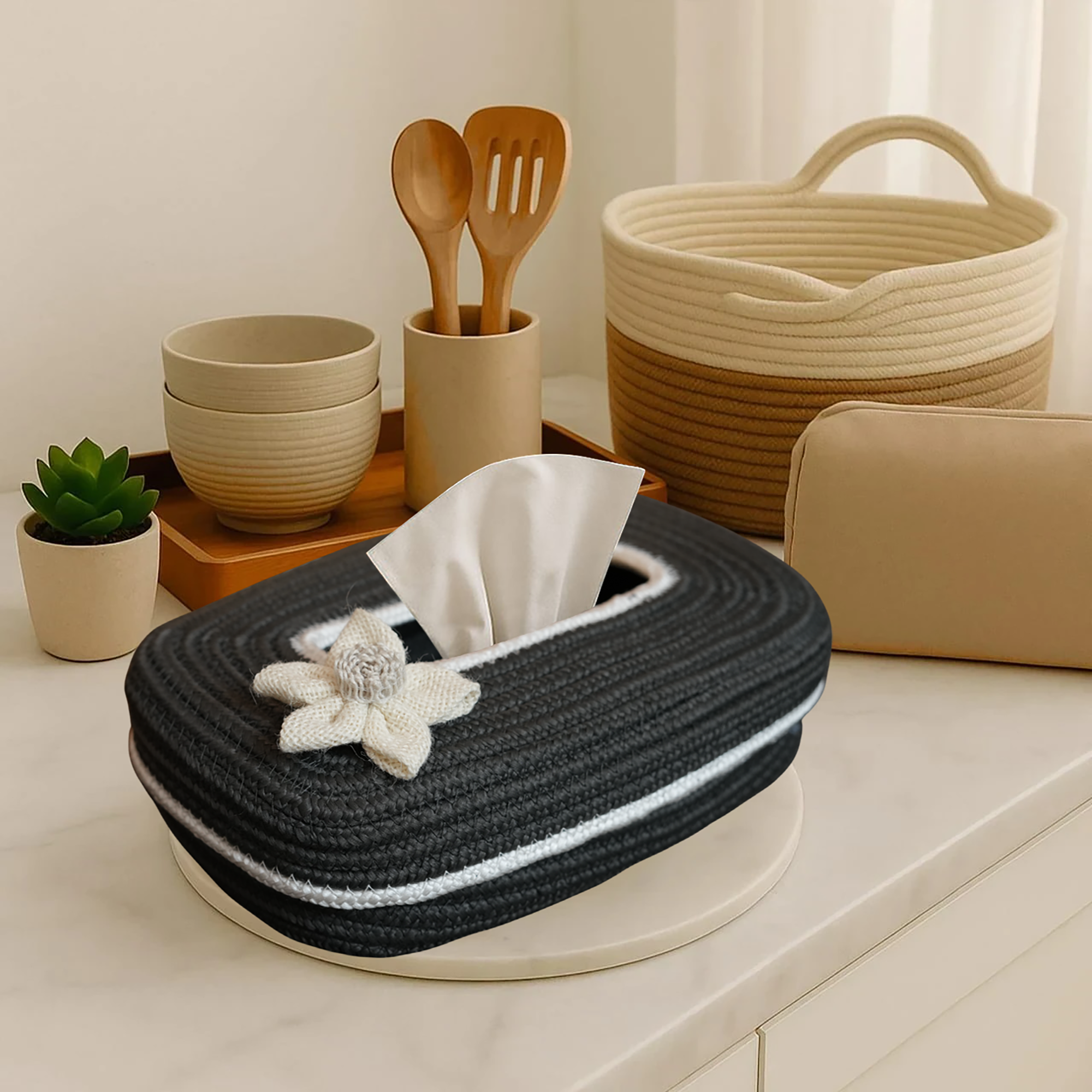 Ariya Dark Grey White Line Tissue Box With White Flower | Elegant Durable Holder