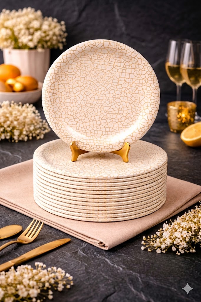 Ariya Melamine Dinner Plates 11 Inch Set of 12 | Classic Gold Grid