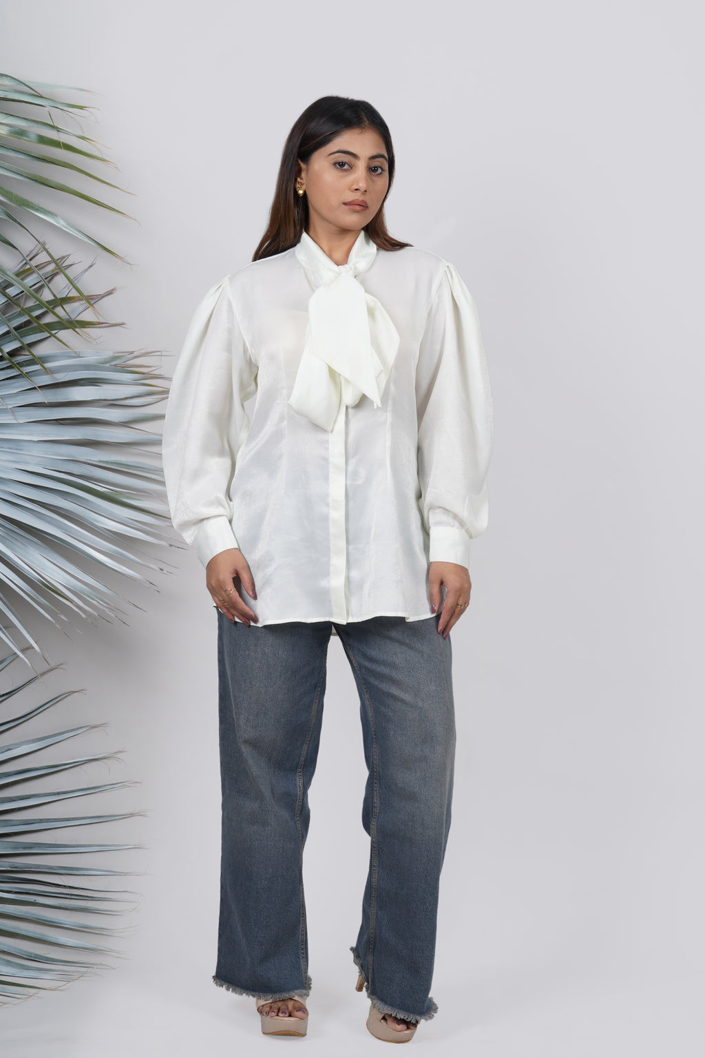Ariya Threads Ivory Luxe Bow-Tie Satin Shirt – Elegant Party Wear