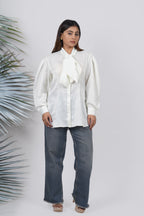 Ariya Threads Ivory Luxe Bow-Tie Satin Shirt – Elegant Party Wear