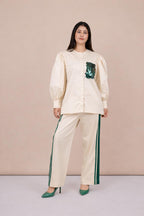Ariya Threads Women’s Ivory Co-Ord Set with Green Sequin Patch & Side Stripe Pants