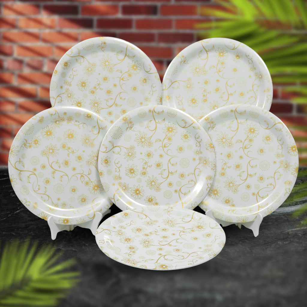 Ariya Melamine 11"Inch Dinner Plate | Flower Design Gold Off-White | Pack of 6