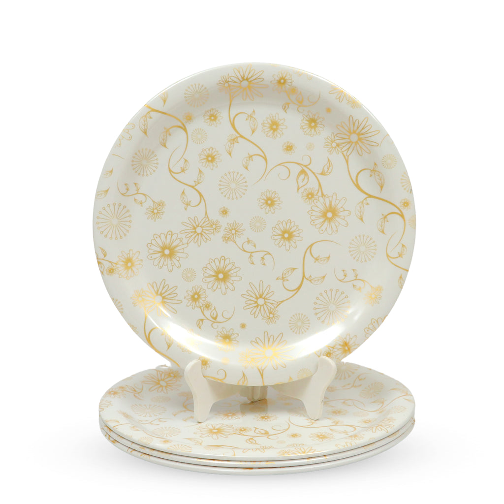 Ariya Melamine 11"Inch Dinner Plate | Flower Design Gold Off-White | Pack of 4