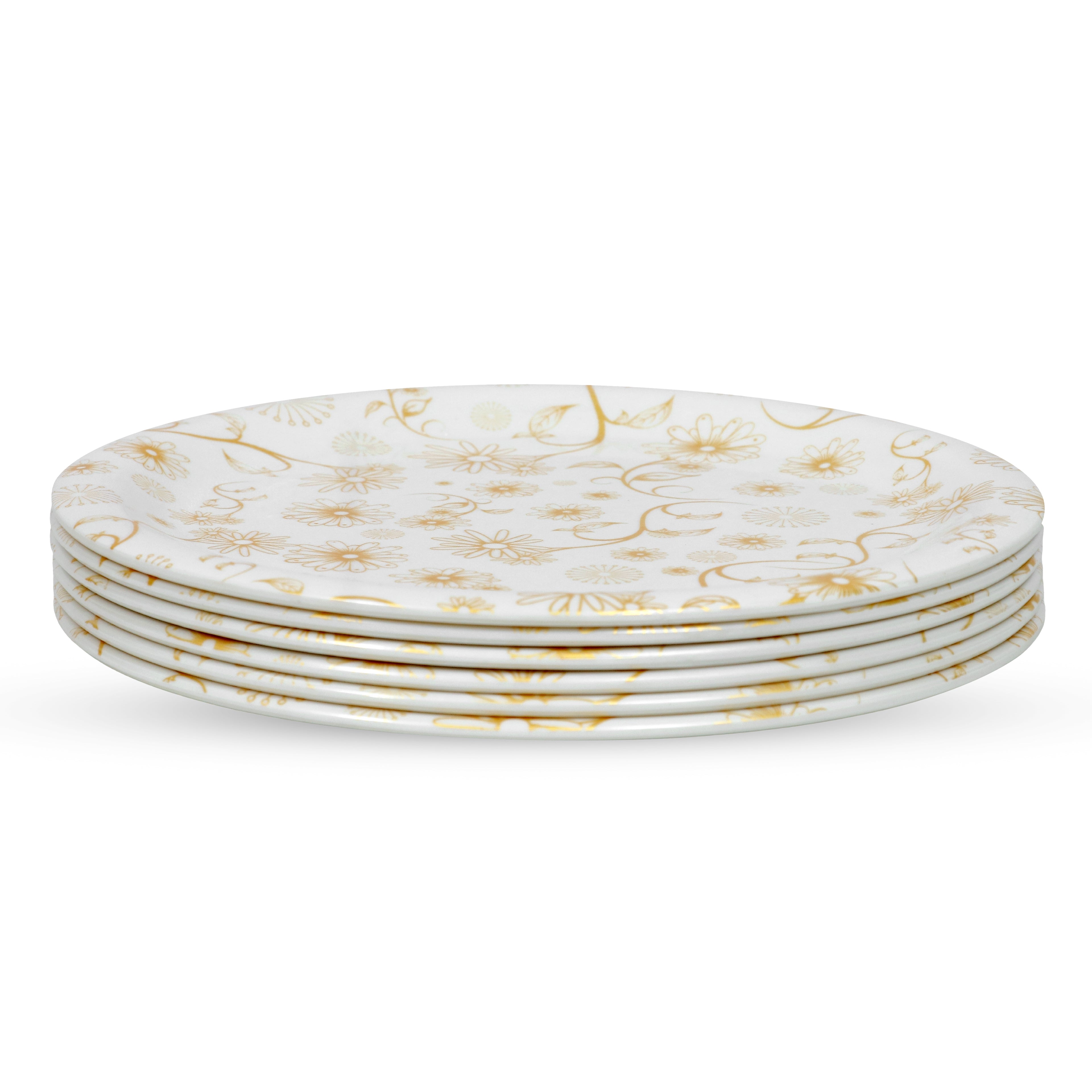 Ariya Melamine 11"Inch Dinner Plate | Flower Design Gold Off-White | Pack of 6