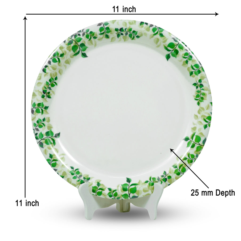 Ariya Melamine 11"Inch Dinner Plate | White Green Flower Border | Pack of 6