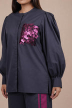 Ariya Threads Women’s Charcoal Grey Co-Ord Set with Magenta Sequin Pocket & Contrast Stripe Pants