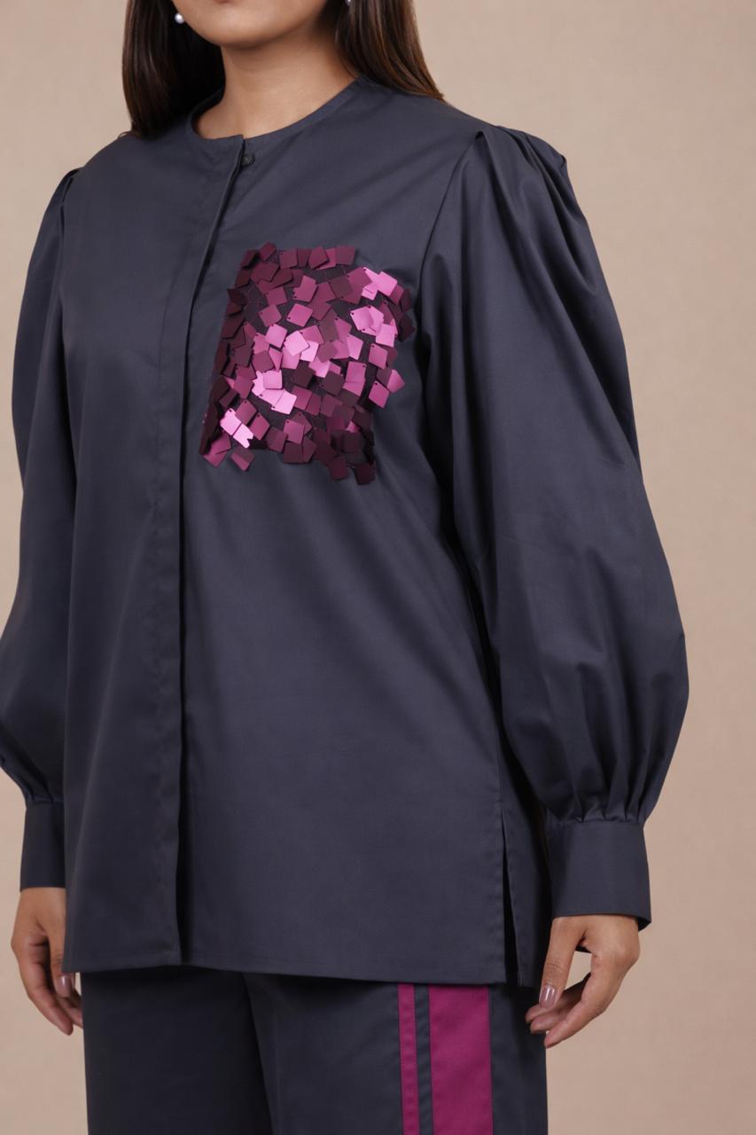 Ariya Threads Women’s Charcoal Grey Co-Ord Set with Magenta Sequin Pocket & Contrast Stripe Pants