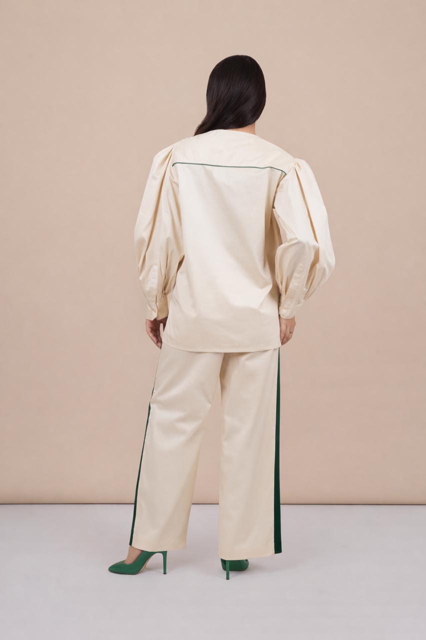 Ariya Threads Women’s Ivory Co-Ord Set with Green Sequin Patch & Side Stripe Pants