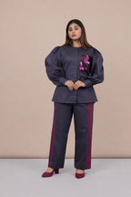 Ariya Threads Women’s Charcoal Grey Co-Ord Set with Magenta Sequin Pocket & Contrast Stripe Pants