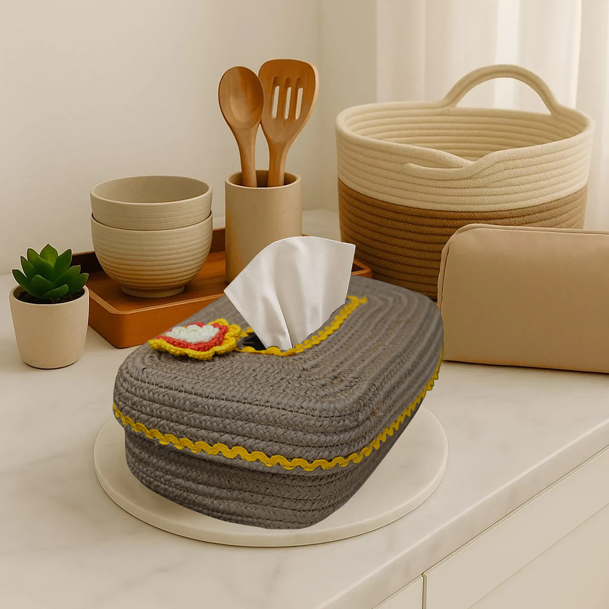 Ariya Beige Yellow Lace Tissue Box With Yellow Flower Elegant Durable Holder