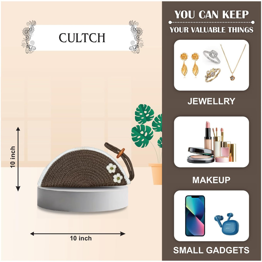 ARIYA Stylish Unique Handmade Brown & White Line (PP & Cotton Blend) Clutch Bag with 2 Flower, Perfect for Parties, Weddings & Everyday Outings