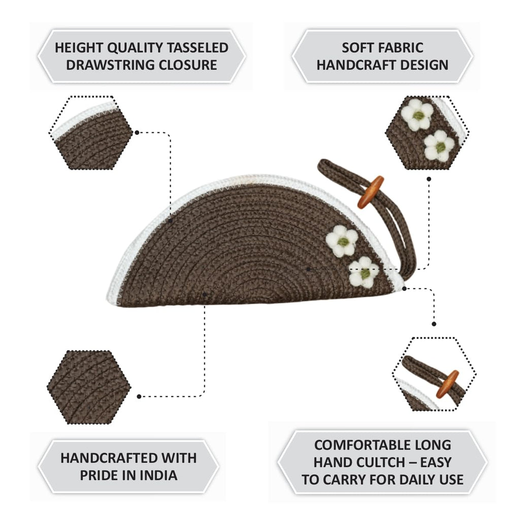 Ariya Women Clutch Handbag with Flower (4077 | Brown) Handcrafted PP & Cotton Blend Clutch, Perfect for Ladies & Girls, Lightweight Stylish Purse for Parties, Special Occasions, Casual & Formal