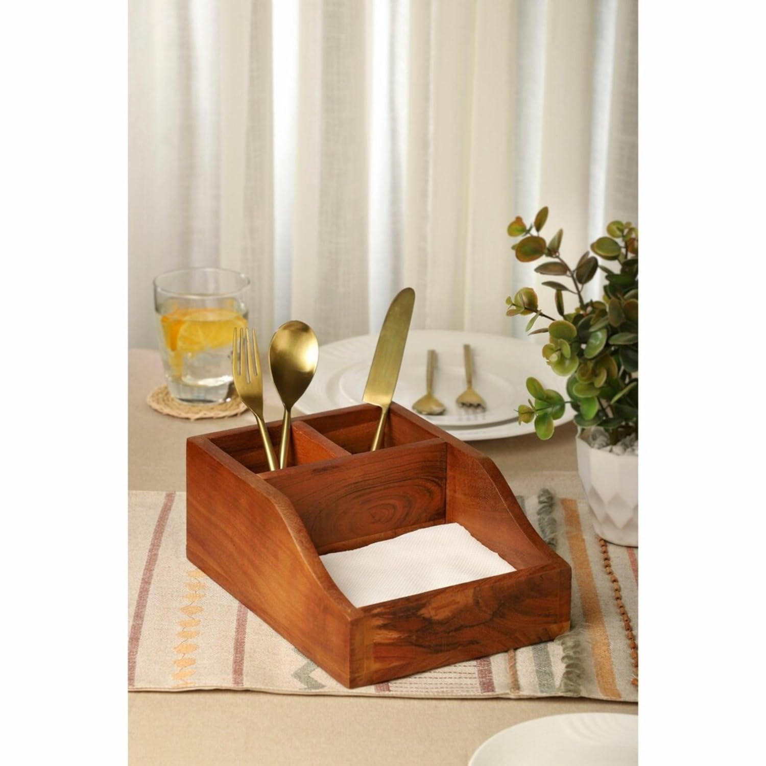 Ariya 10" Acacia Wooden Cutlery Holder | 3-Compartment Fork & Napkin Organizer for Dining & Kitchen