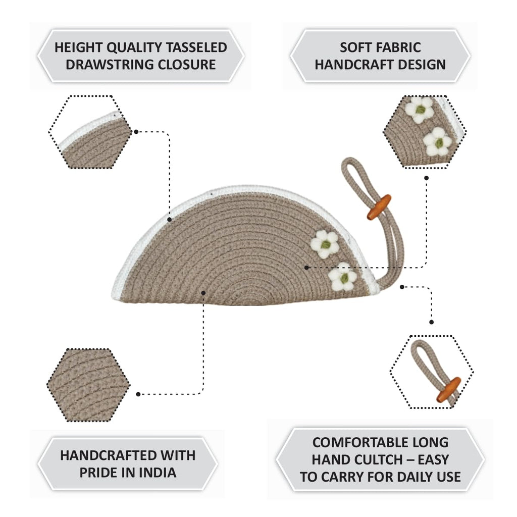 ARIYA Stylish Unique Handmade Beige & White Line (PP & Cotton Blend) Clutch Bag with 2 Flower, Perfect for Parties, Weddings & Everyday Outings