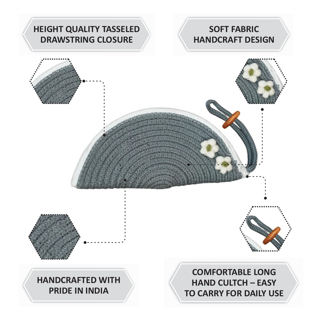 ARIYA Stylish Unique Handmade Light Grey & White Line (PP & Cotton Blend) Clutch Bag with 2 Flower, Perfect for Parties, Weddings & Everyday Outings