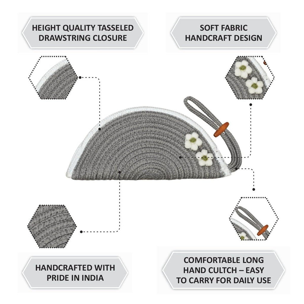 Ariya Women Clutch Handbag with Flower (4077 | Light Gray) Handcrafted PP & Cotton Blend Clutch, Perfect for Ladies & Girls, Lightweight Stylish Purse for Parties, Special Occasions, Casual & Formal