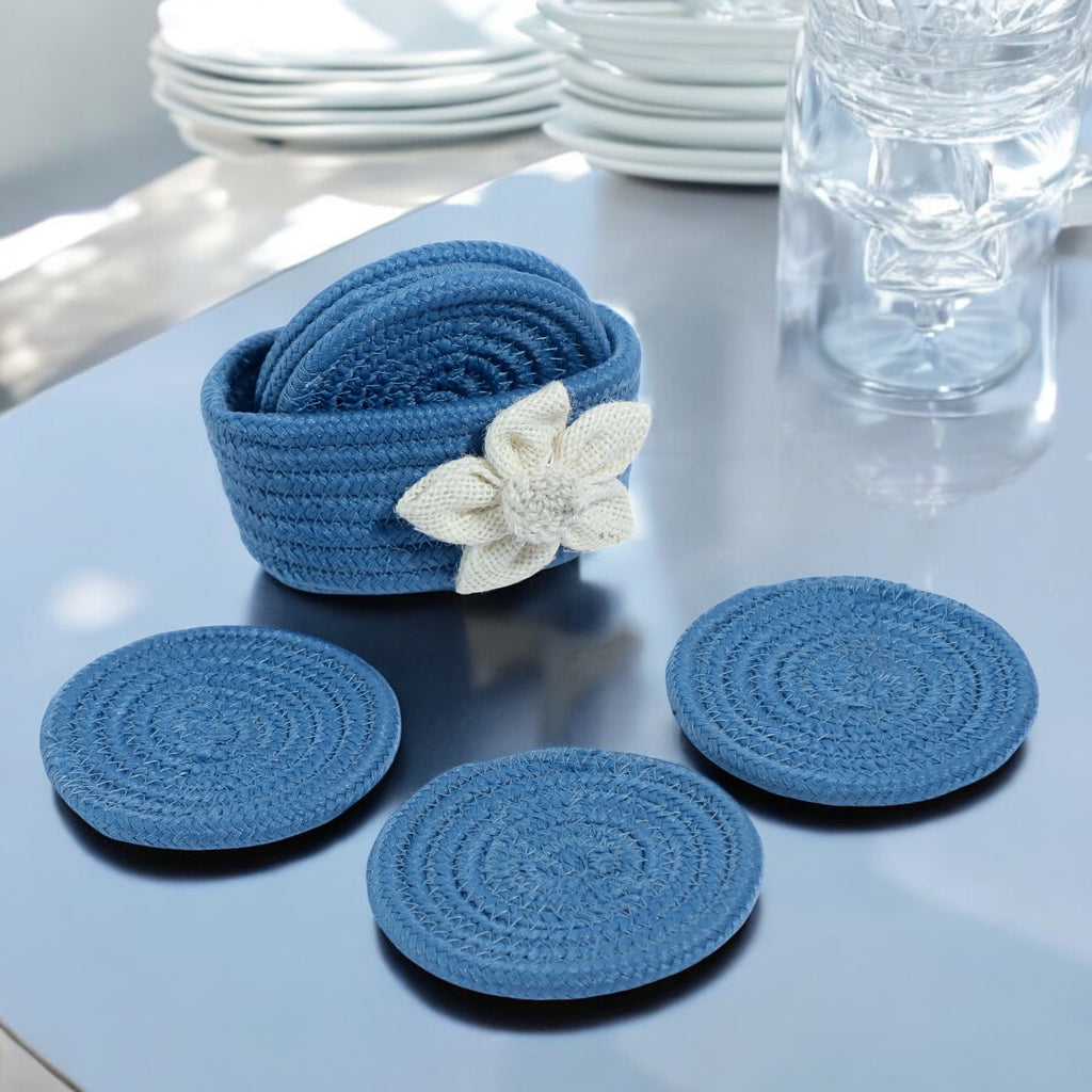 Cotton Coasters Set of 6 - Blue White Flower