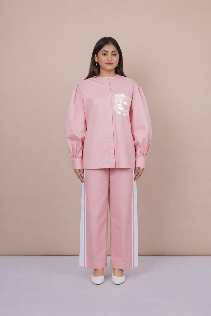 Ariya Threads Women’s Blush Pink Co-Ord Set with Puff Sleeves & Sequin Pocket