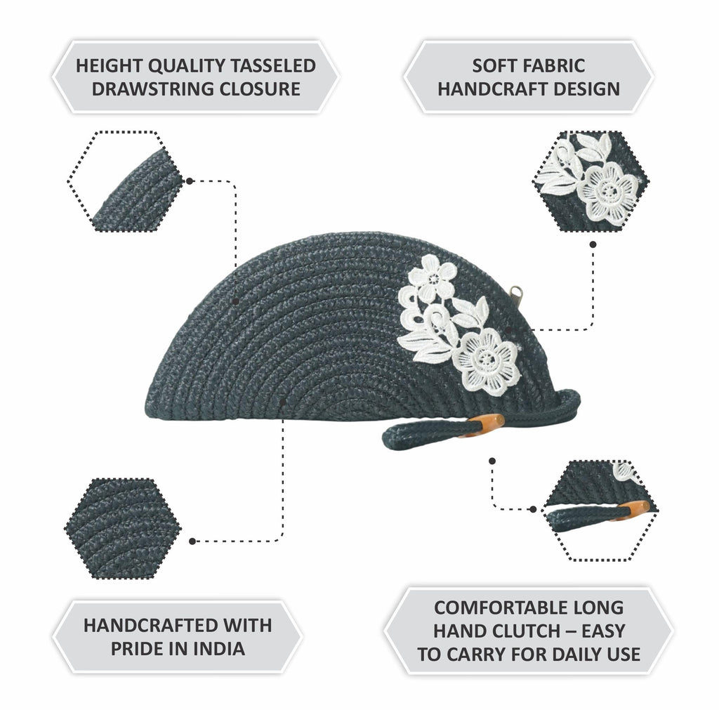 ARIYA Stylish Unique Handmade Dark Grey (PP & Cotton Blend) Clutch Bag with Flower, Perfect for Parties, Weddings & Everyday Outings