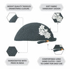 ARIYA Stylish Unique Handmade Dark Grey (PP & Cotton Blend) Clutch Bag with Flower, Perfect for Parties, Weddings & Everyday Outings