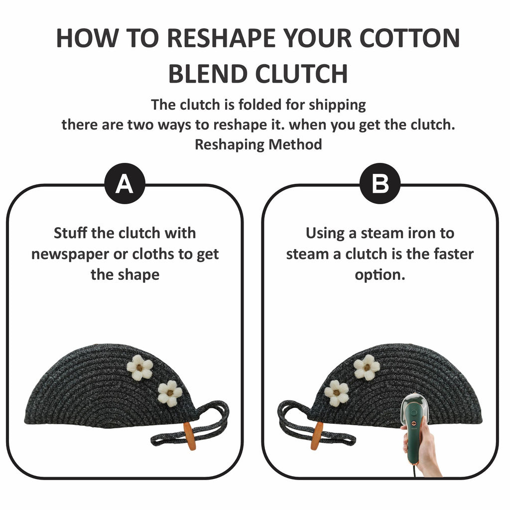 ARIYA Stylish Unique Handmade Black (PP & Cotton Blend) Clutch Bag with 2 Flower, Perfect for Parties, Weddings & Everyday Outings.