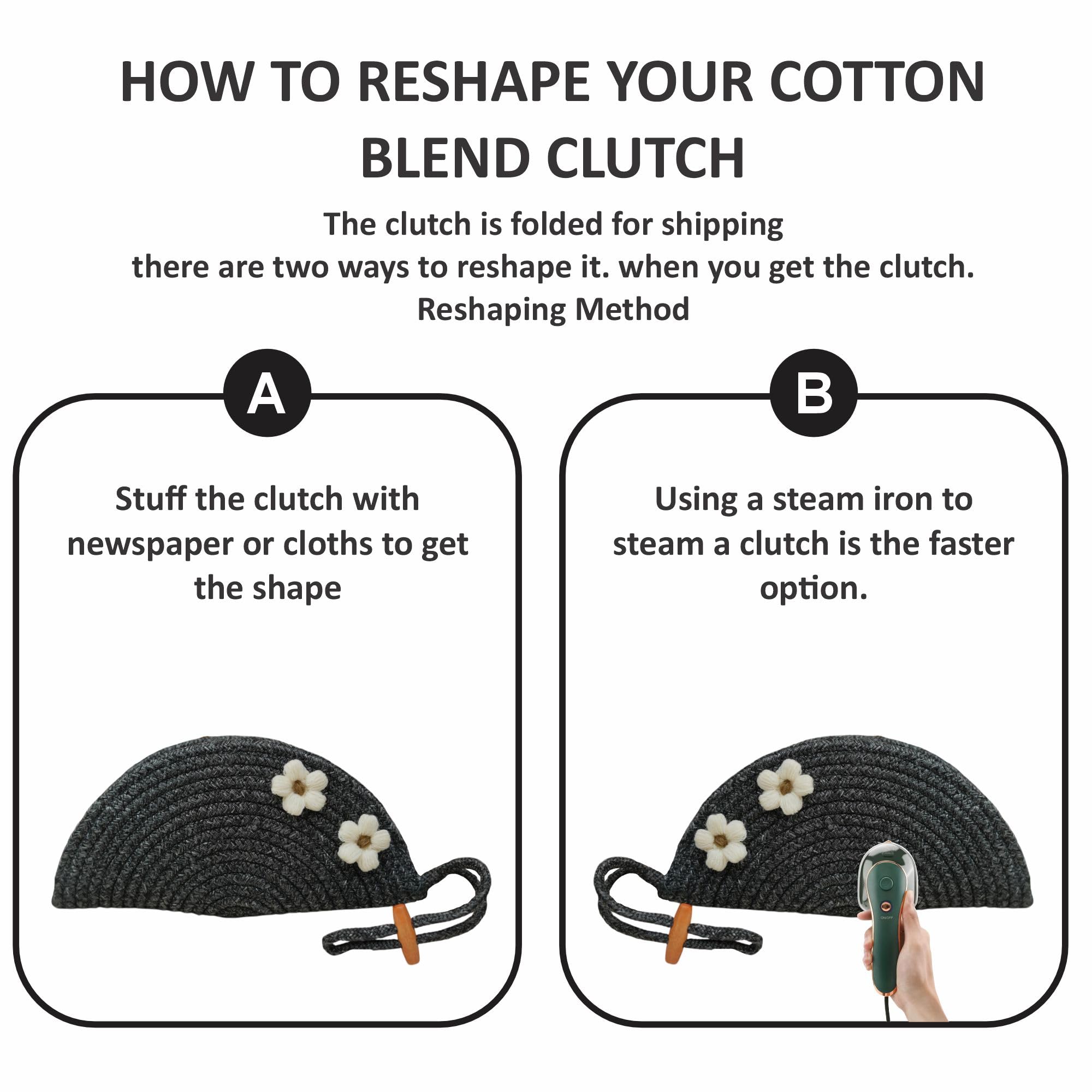 ARIYA Stylish Unique Handmade Black (PP & Cotton Blend) Clutch Bag with 2 Flower, Perfect for Parties, Weddings & Everyday Outings.