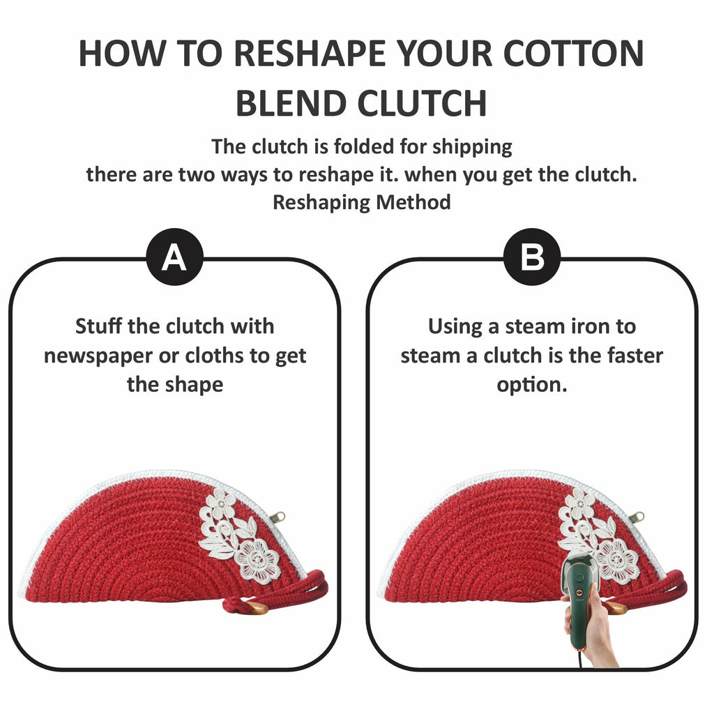 ARIYA Stylish Unique Handmade Red & White Line (PP & Cotton Blend) Clutch Bag with Flower, Perfect for Parties, Weddings & Everyday Outings