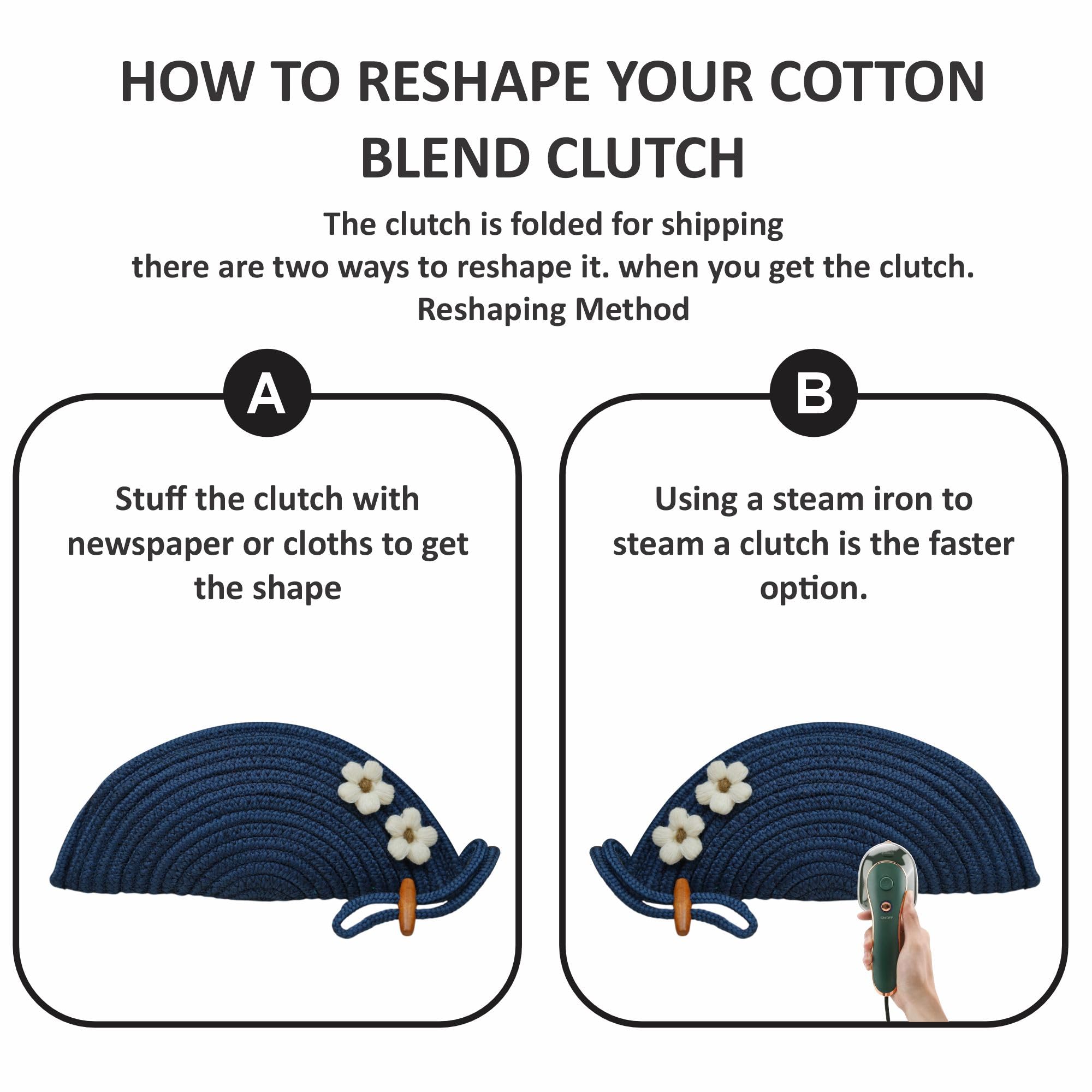 ARIYA Stylish Unique Handmade Blue (PP & Cotton Blend) Clutch Bag with 2 Flower, Perfect for Parties, Weddings & Everyday Outings