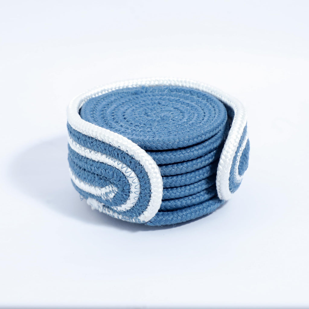 Ariya 6 Psc PP & Cotton Blend Blue Coasters (6 Inch) - Absorbent, Woven, Ideal for Room, Hotel, Bar, Housewarming Gift
