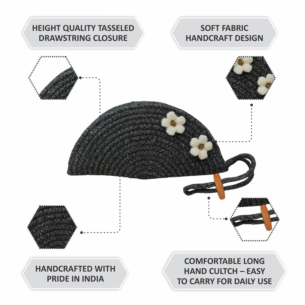 ARIYA Stylish Unique Handmade Black (PP & Cotton Blend) Clutch Bag with 2 Flower, Perfect for Parties, Weddings & Everyday Outings.