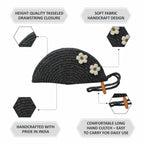 ARIYA Stylish Unique Handmade Black (PP & Cotton Blend) Clutch Bag with 2 Flower, Perfect for Parties, Weddings & Everyday Outings.