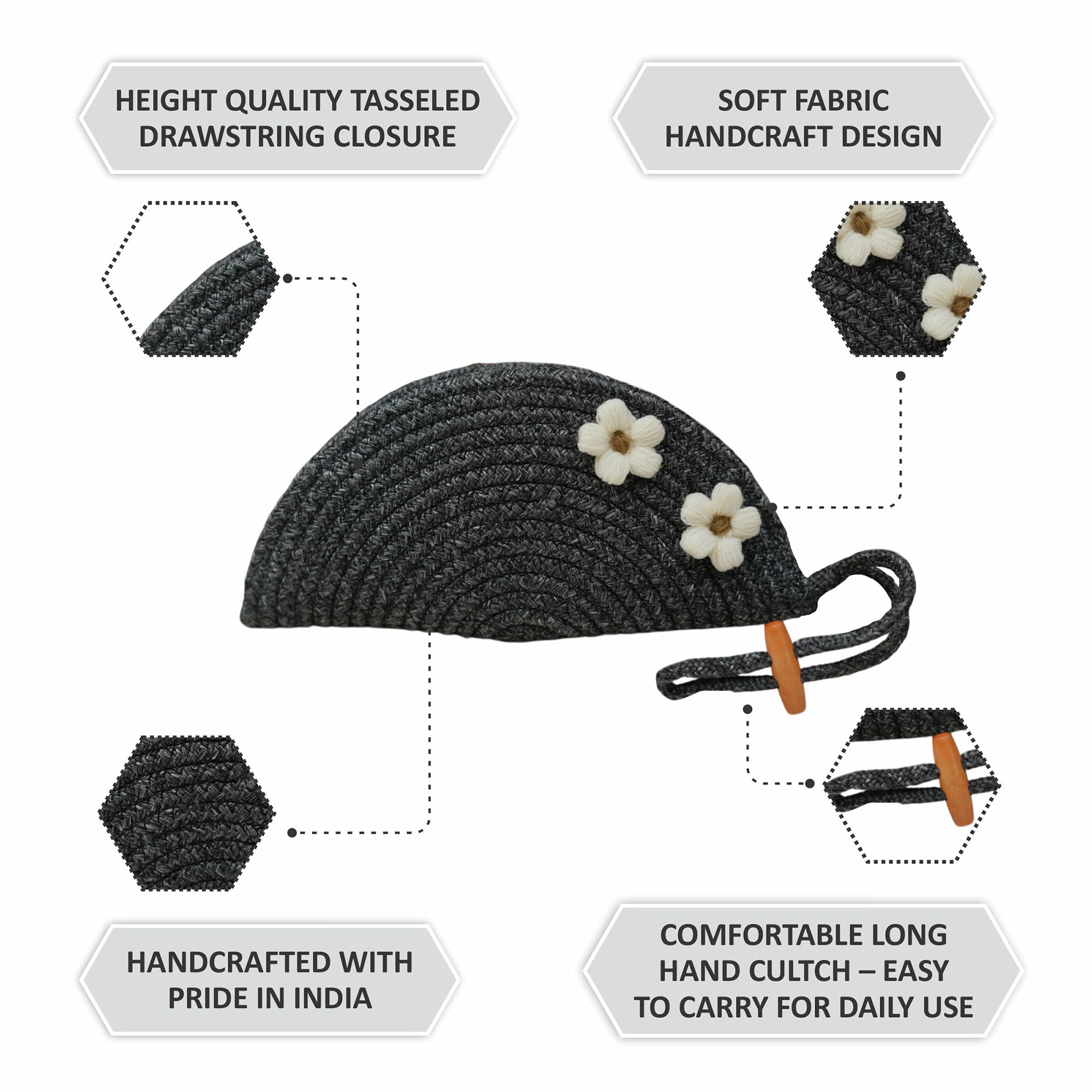 ARIYA Stylish Unique Handmade Black (PP & Cotton Blend) Clutch Bag with 2 Flower, Perfect for Parties, Weddings & Everyday Outings.