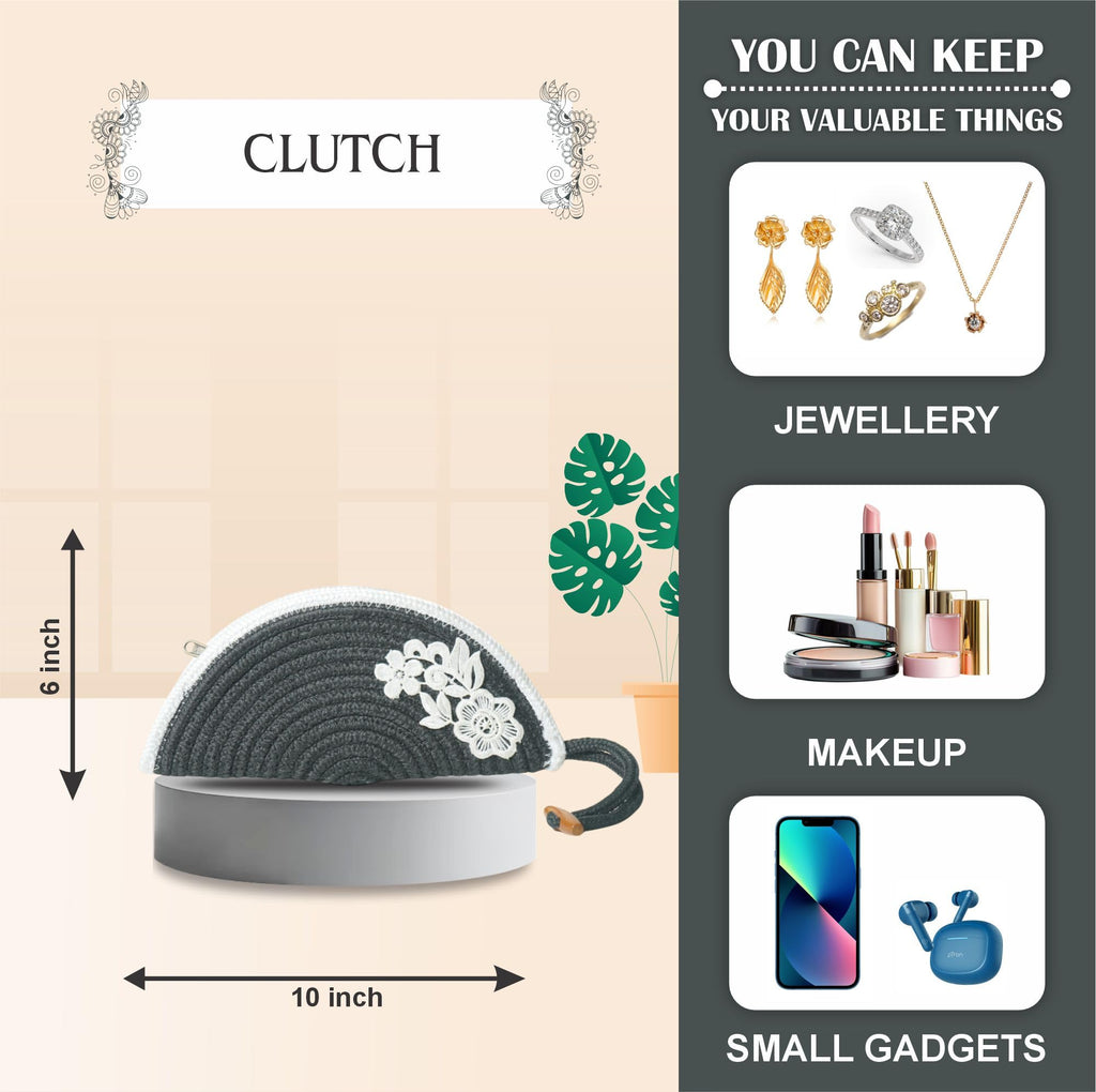 ARIYA Stylish Unique Handmade Dark Grey & White Line (PP & Cotton Blend) Clutch Bag with Flower, Perfect for Parties, Weddings & Everyday Outings