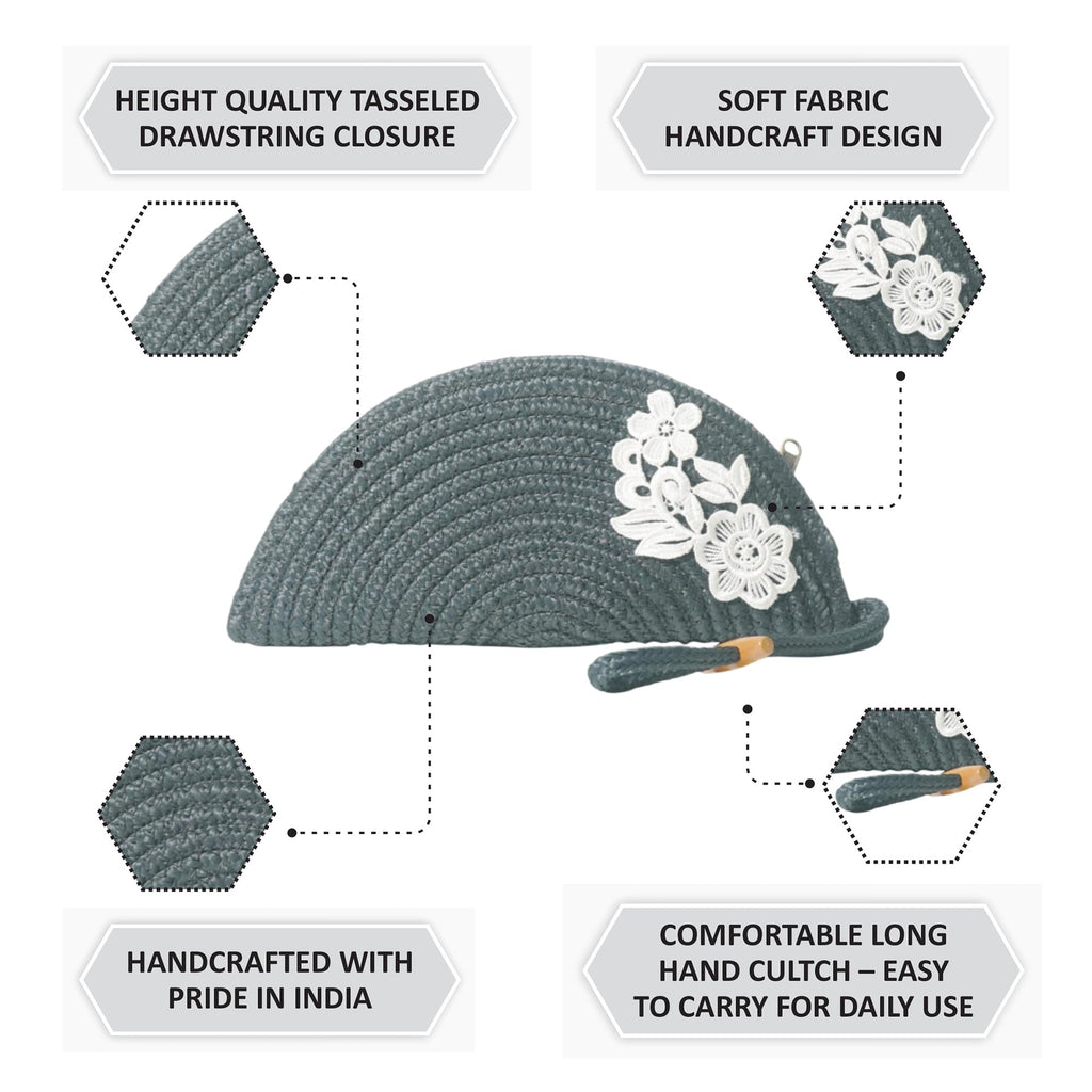 ARIYA Stylish Unique Handmade Grey (PP & Cotton Blend) Clutch Bag with Flower, Perfect for Parties, Weddings & Everyday Outings