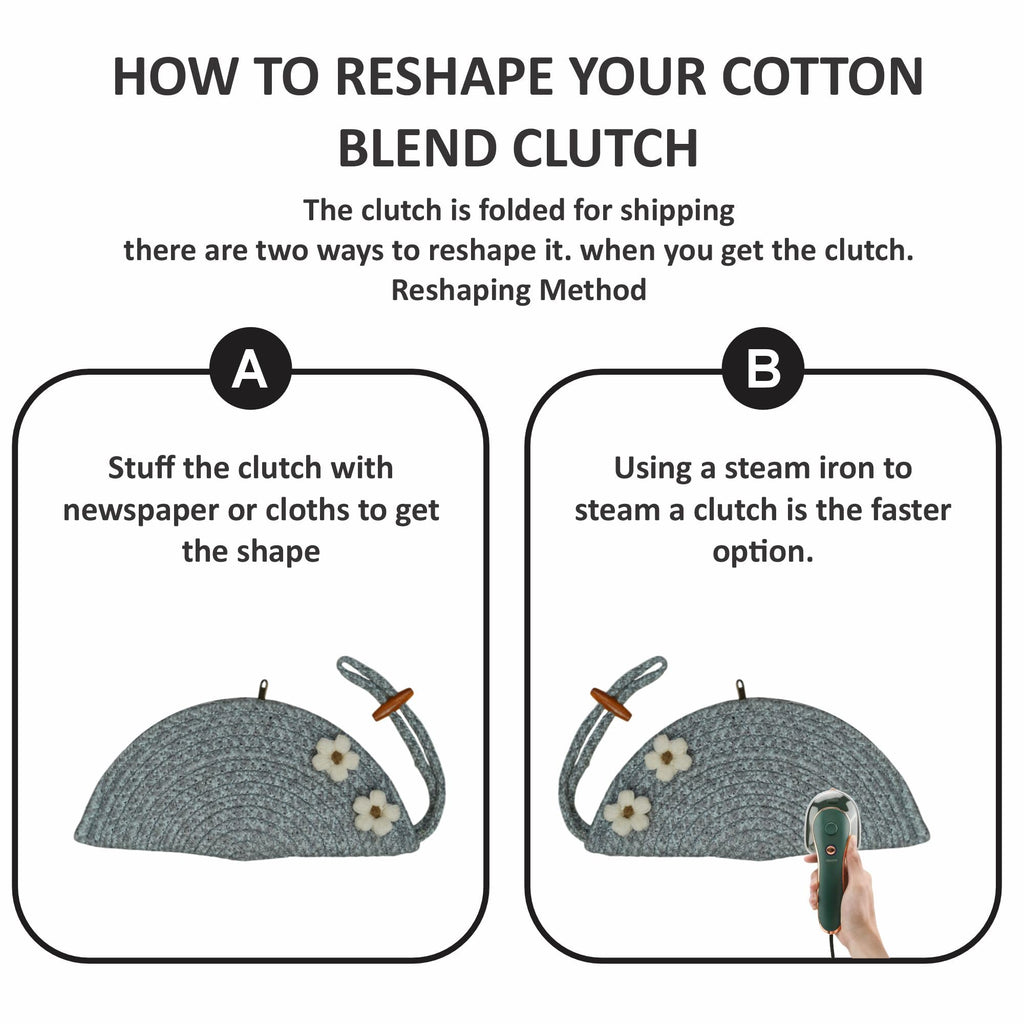 ARIYA Stylish Unique Handmade Light Grey (PP & Cotton Blend) Clutch Bag with 2 Flower, Perfect for Parties, Weddings & Everyday Outings