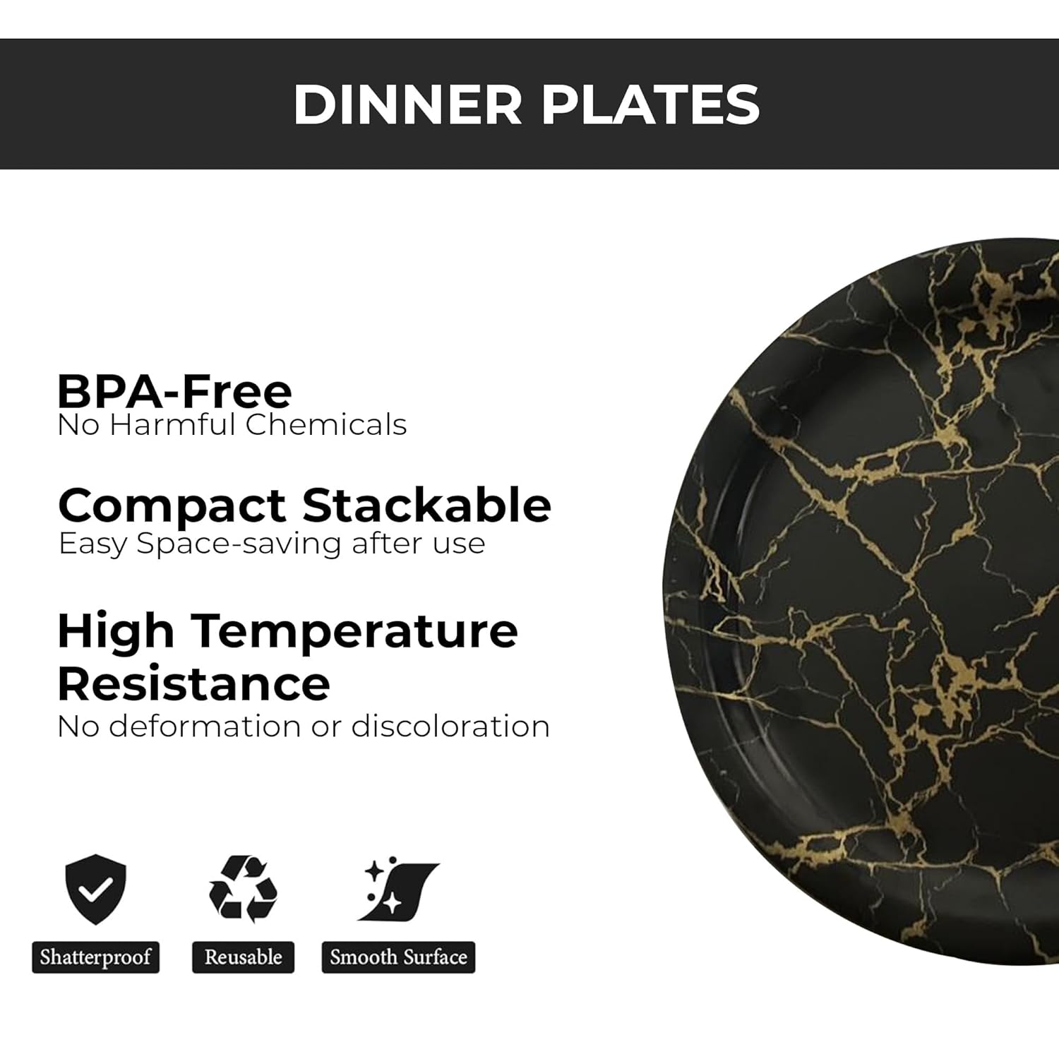 Ariya Melamine Dinner Plates 13 Inch Set of 12 | Midnight Gold