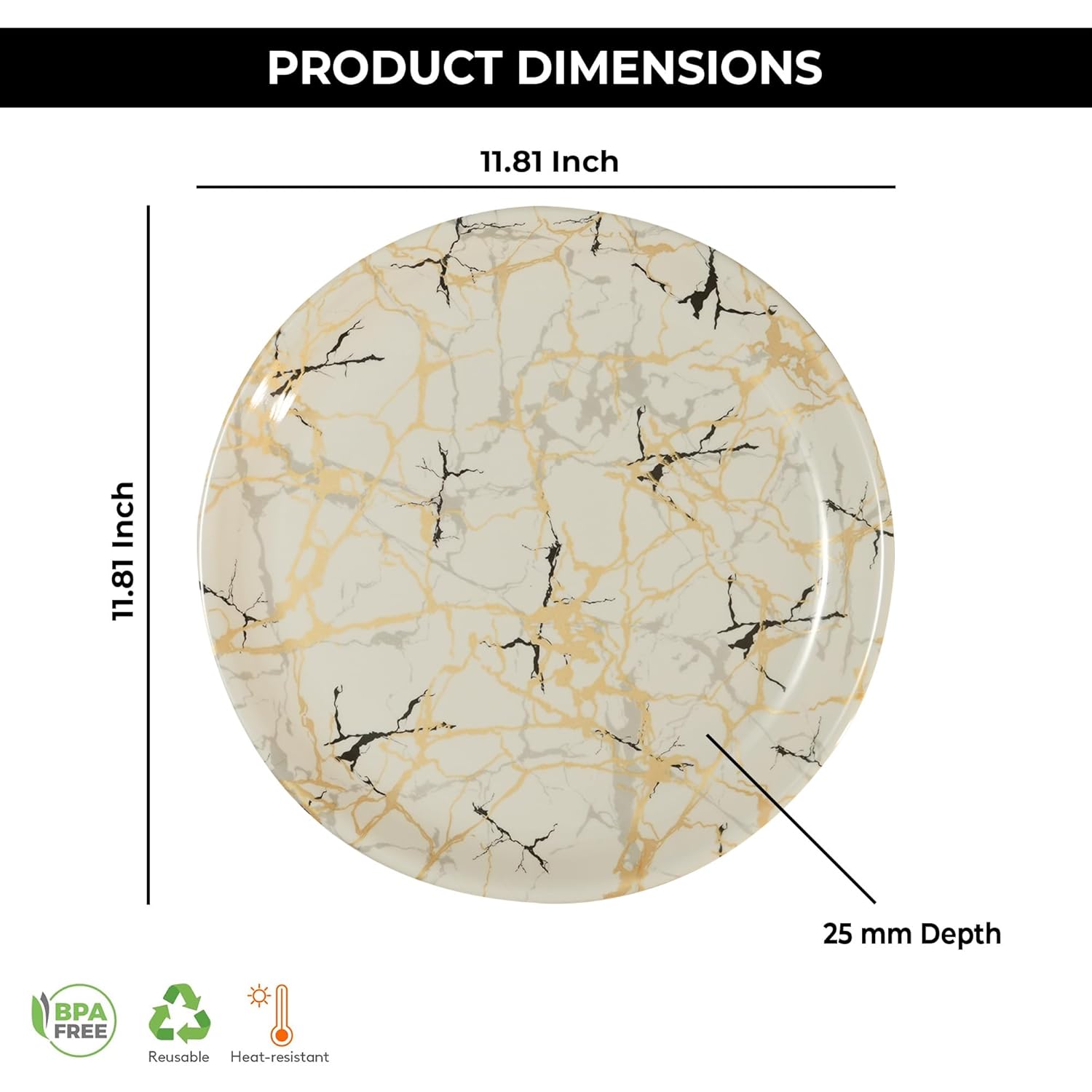 Ariya Melamine Dinner Plates 12 Inch Set of 12 | White, Gold & Black