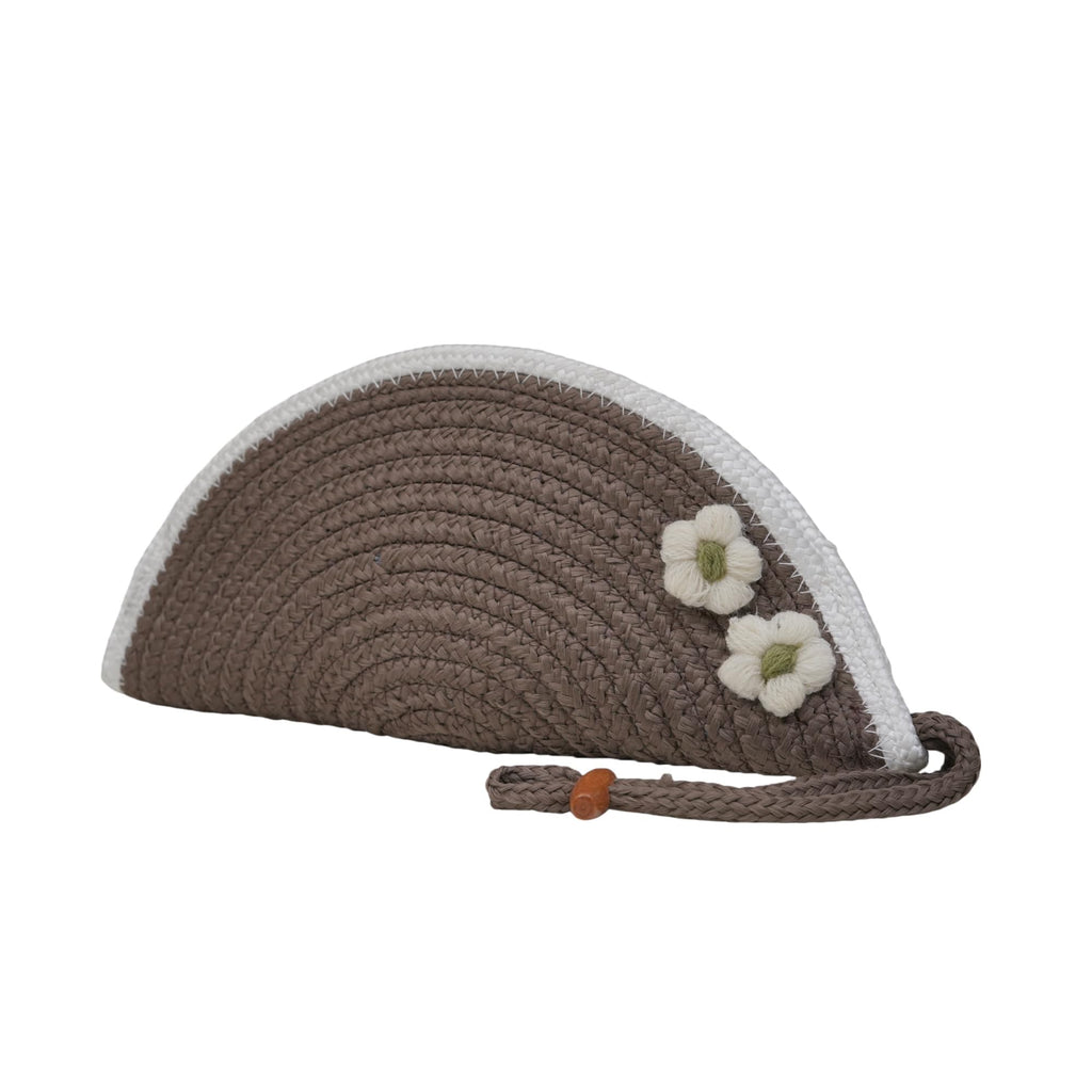 ARIYA Stylish Unique Handmade Brown & White Line (PP & Cotton Blend) Clutch Bag with 2 Flower, Perfect for Parties, Weddings & Everyday Outings