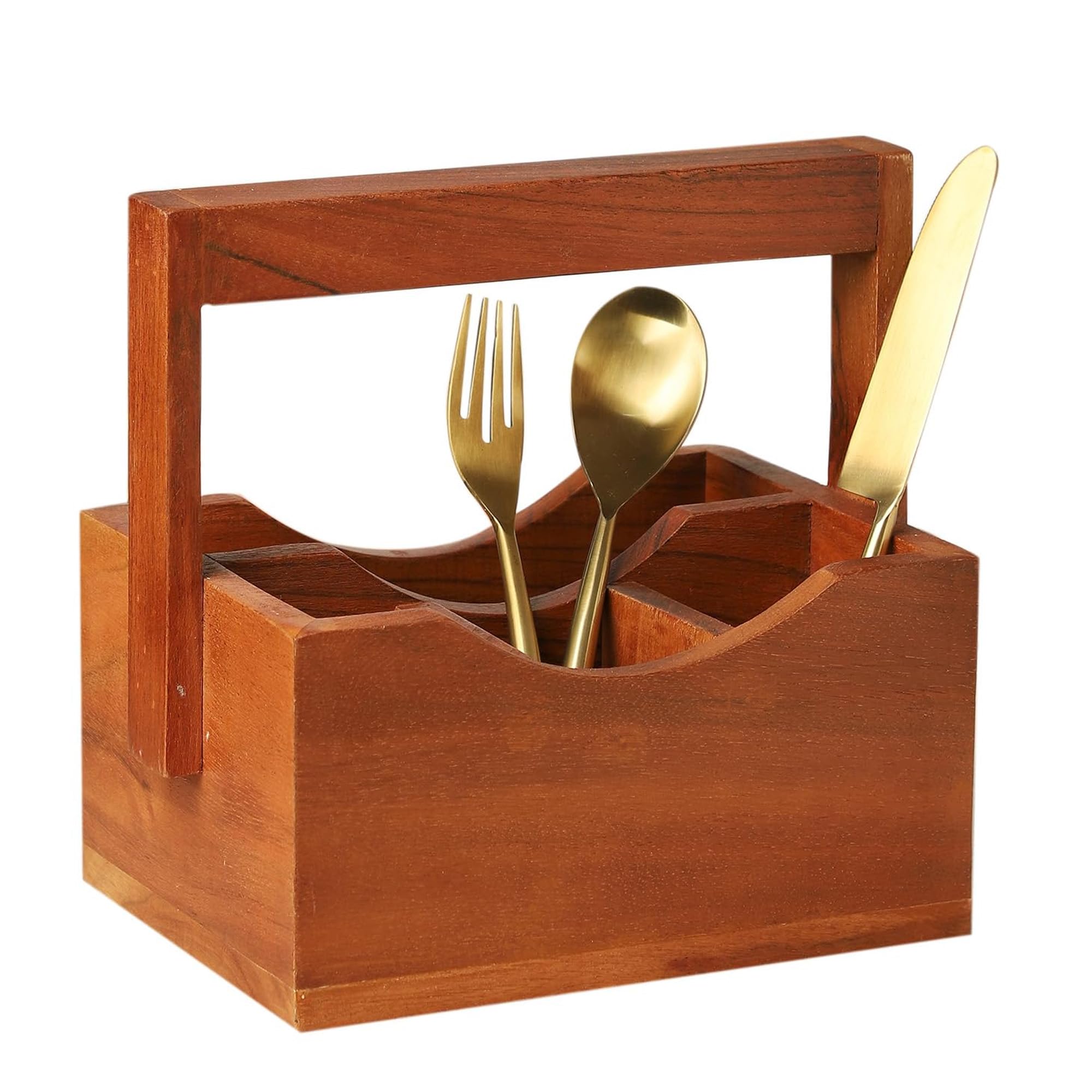Ariya 8" Acacia Wooden Cutlery Holder | 4-Compartment Spoon & Fork Organizer